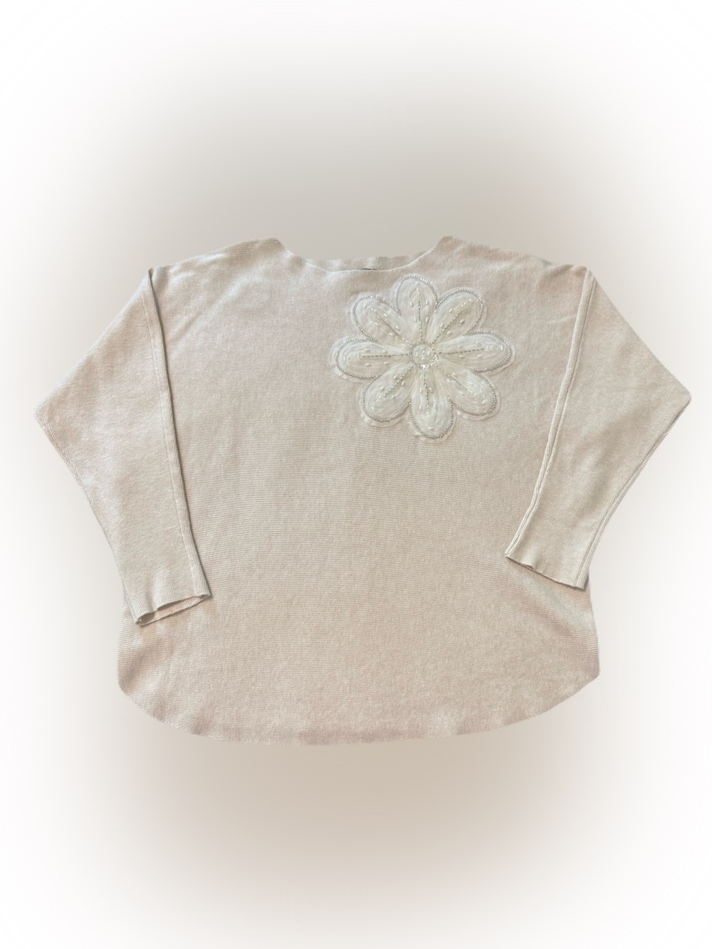 Mila Milano Cream Floral Appliqué Sweater M Oversized Lagenlook